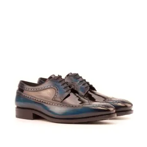 Ambrogio Bespoke Men's Handmade Custom Shoes Black & Denim Blue Patent / Patina Leather Longwing Blucher Oxfords (AMB1381)