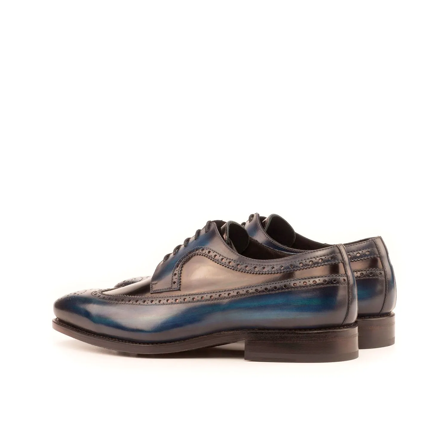 Ambrogio Bespoke Men's Handmade Custom Shoes Black & Denim Blue Patent / Patina Leather Longwing Blucher Oxfords (AMB1381)