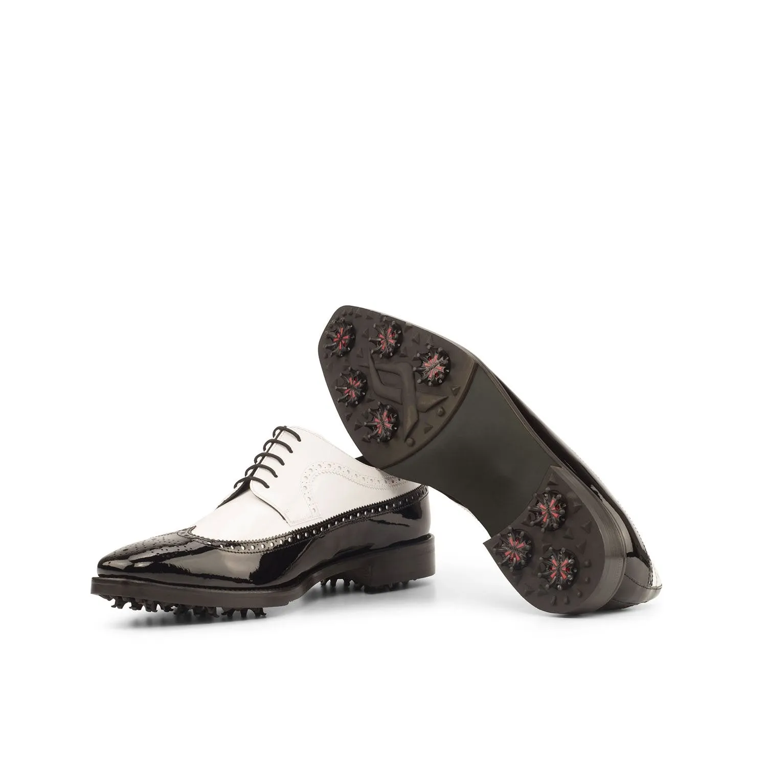 Ambrogio Bespoke Men's Handmade Custom Shoes Black & White Patent Leather Longwing Blucher Golf Oxfords (AMB1395)