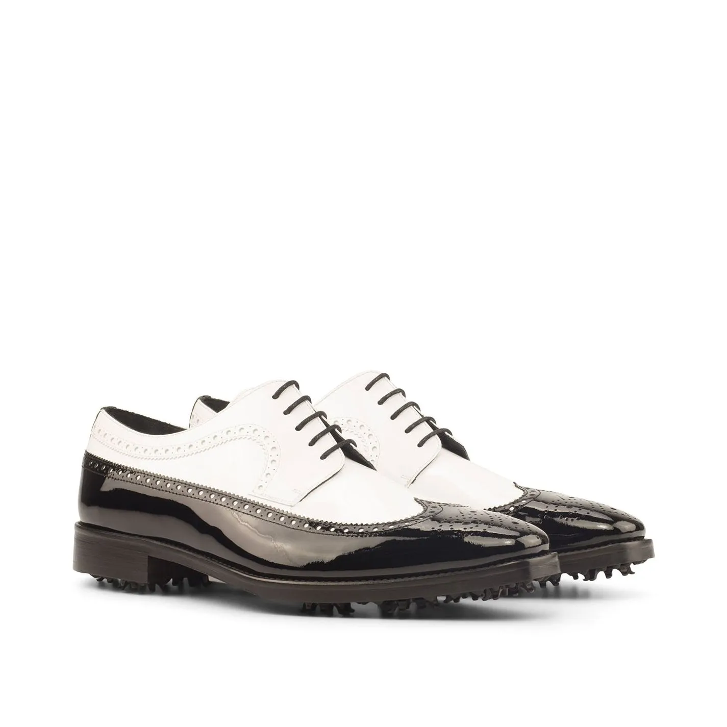 Ambrogio Bespoke Men's Handmade Custom Shoes Black & White Patent Leather Longwing Blucher Golf Oxfords (AMB1395)