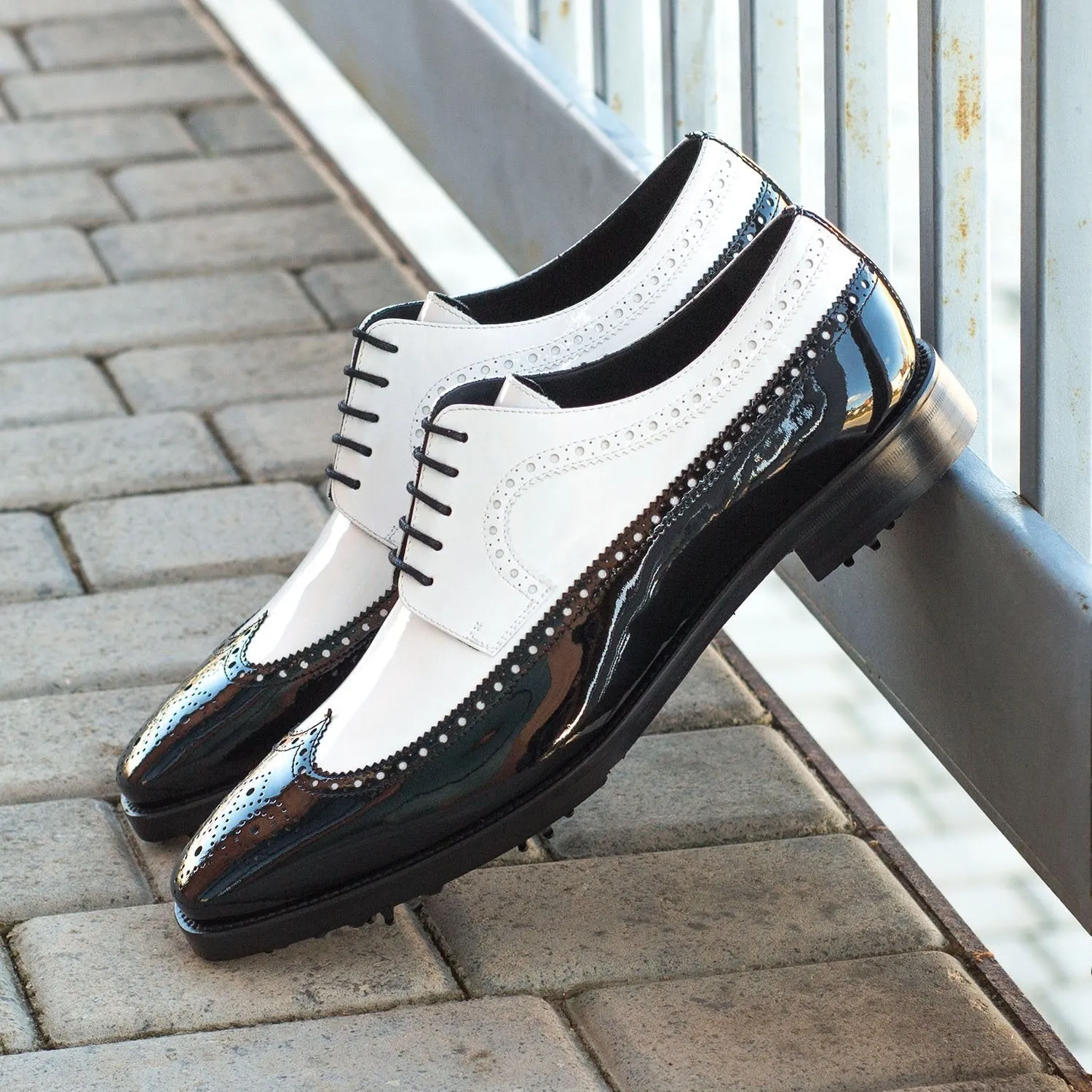 Ambrogio Bespoke Men's Handmade Custom Shoes Black & White Patent Leather Longwing Blucher Golf Oxfords (AMB1395)