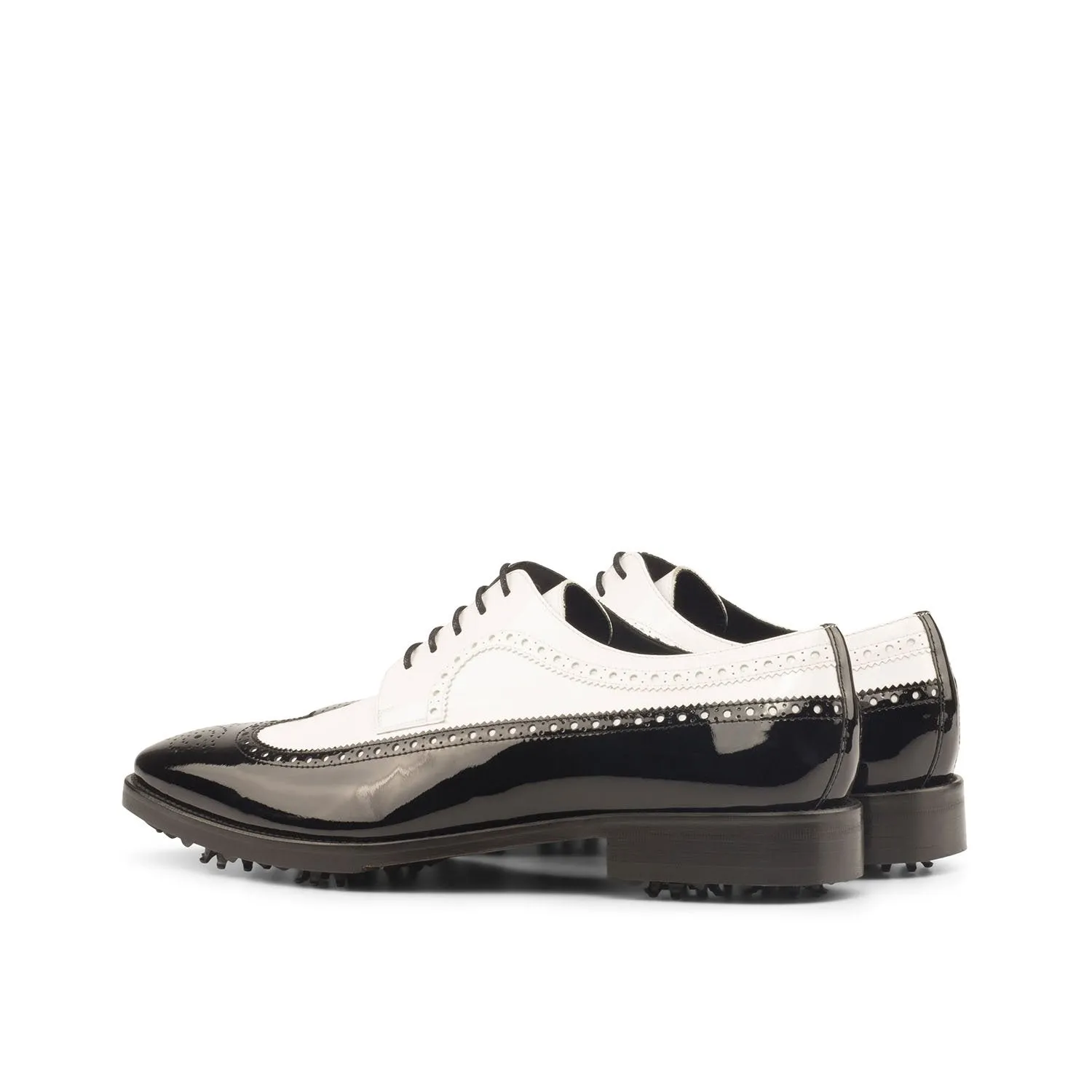 Ambrogio Bespoke Men's Handmade Custom Shoes Black & White Patent Leather Longwing Blucher Golf Oxfords (AMB1395)