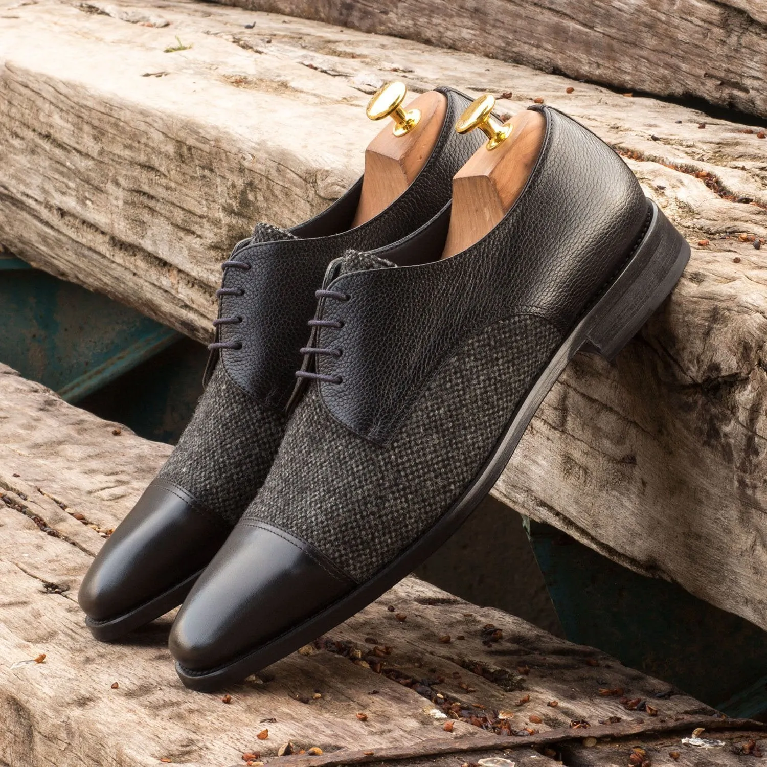 Ambrogio Bespoke Men's Handmade Custom Shoes Black Fabric / Full Grain / Calf-Skin Leather Derby Oxfords (AMB1491)