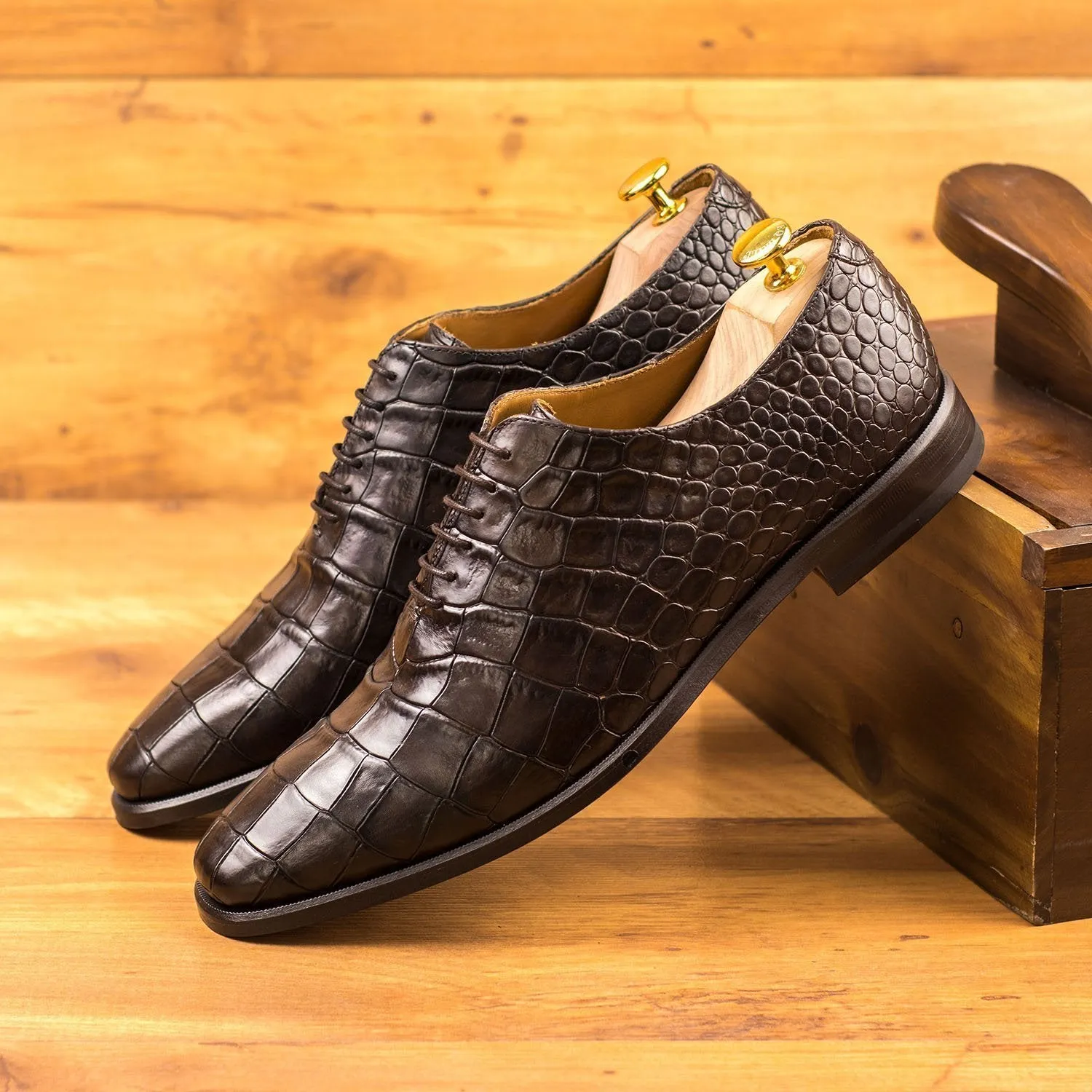 Ambrogio Bespoke Men's Handmade Custom Shoes Brown Crocodile Print / Calf-Skin Leather Whole Cut Oxfords (AMB1709)