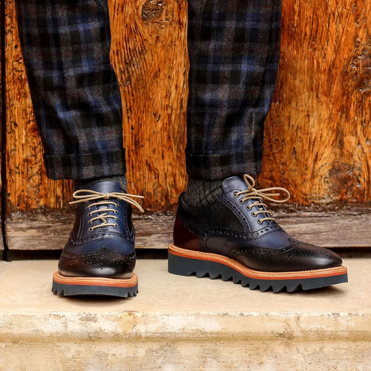 Ambrogio Men's Shoes Navy & Cherry Lizard Print / Calf-Skin Leather Wingtip Oxfords (AMBS2039-RTW)