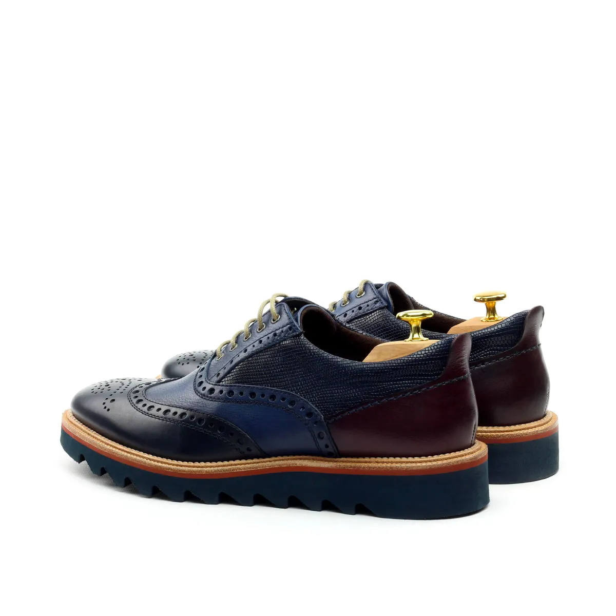 Ambrogio Men's Shoes Navy & Cherry Lizard Print / Calf-Skin Leather Wingtip Oxfords (AMBS2039-RTW)