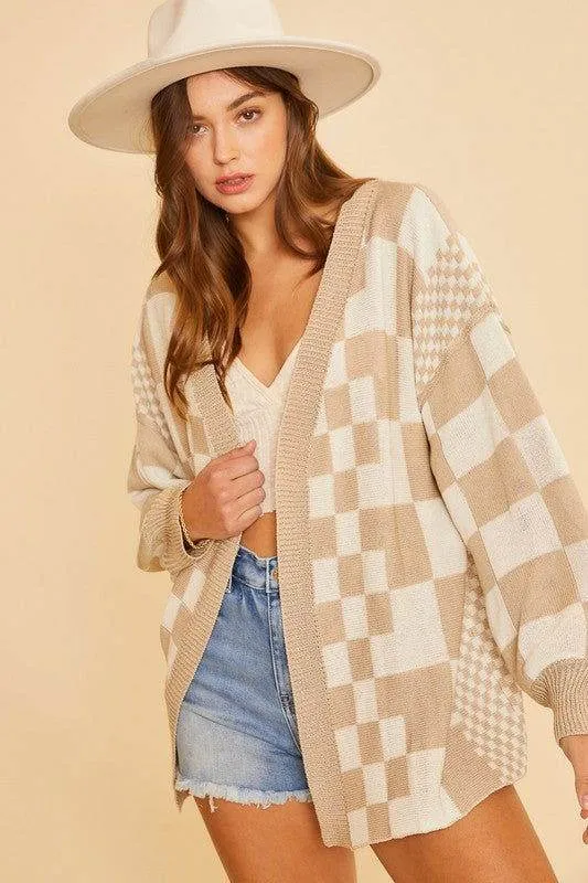 Annie Wear Checkered Open Front Drop Shoulder Cardigan In Tan