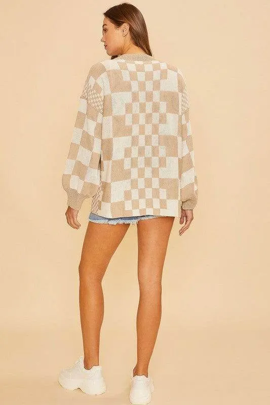 Annie Wear Checkered Open Front Drop Shoulder Cardigan In Tan