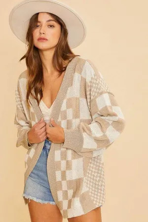 Annie Wear Checkered Open Front Drop Shoulder Cardigan In Tan