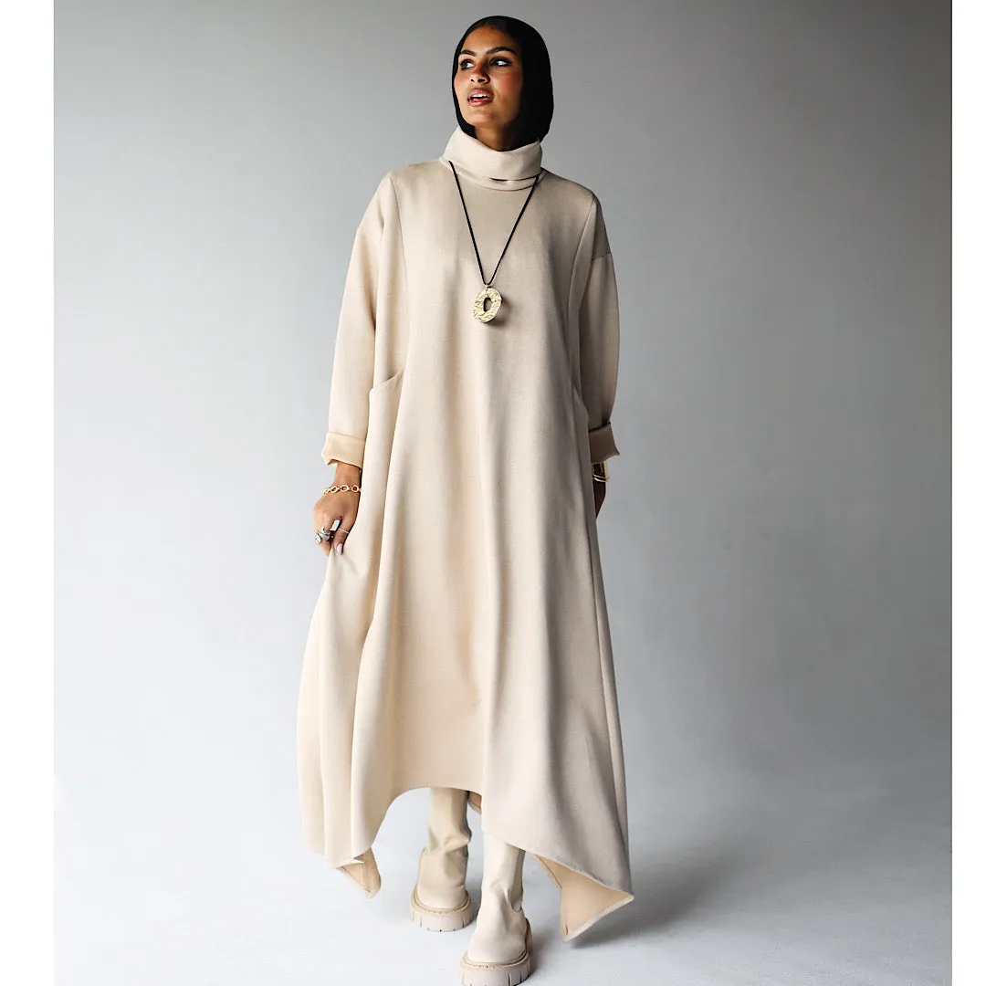 High neck beige suede dress