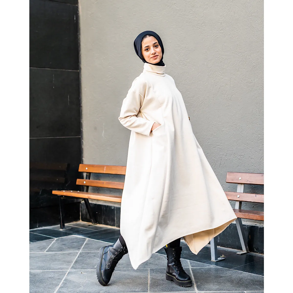 High neck beige suede dress