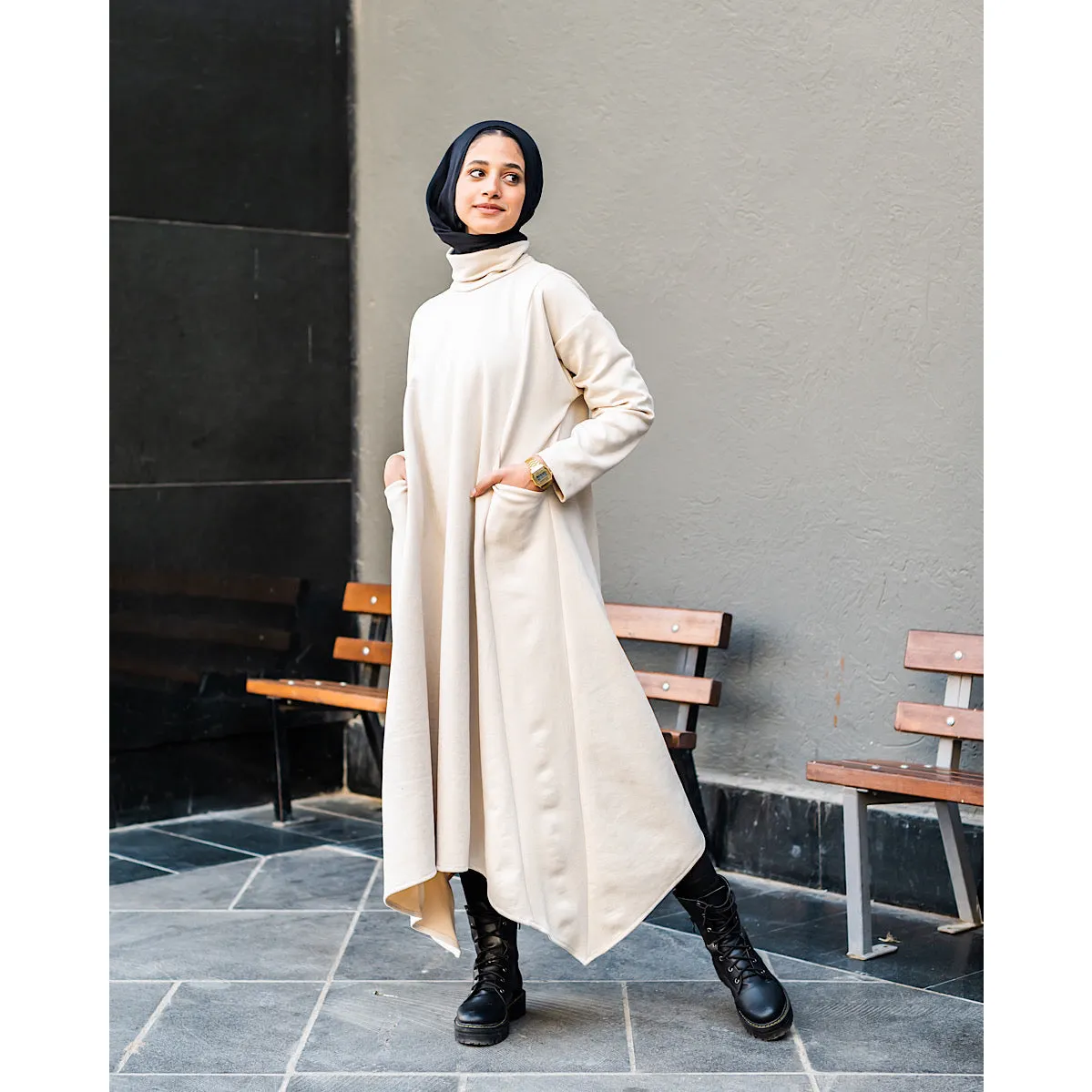 High neck beige suede dress