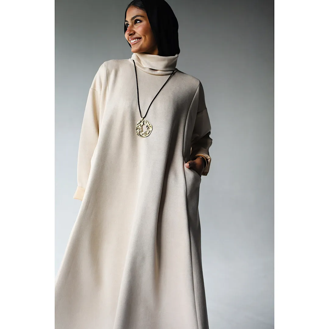 High neck beige suede dress