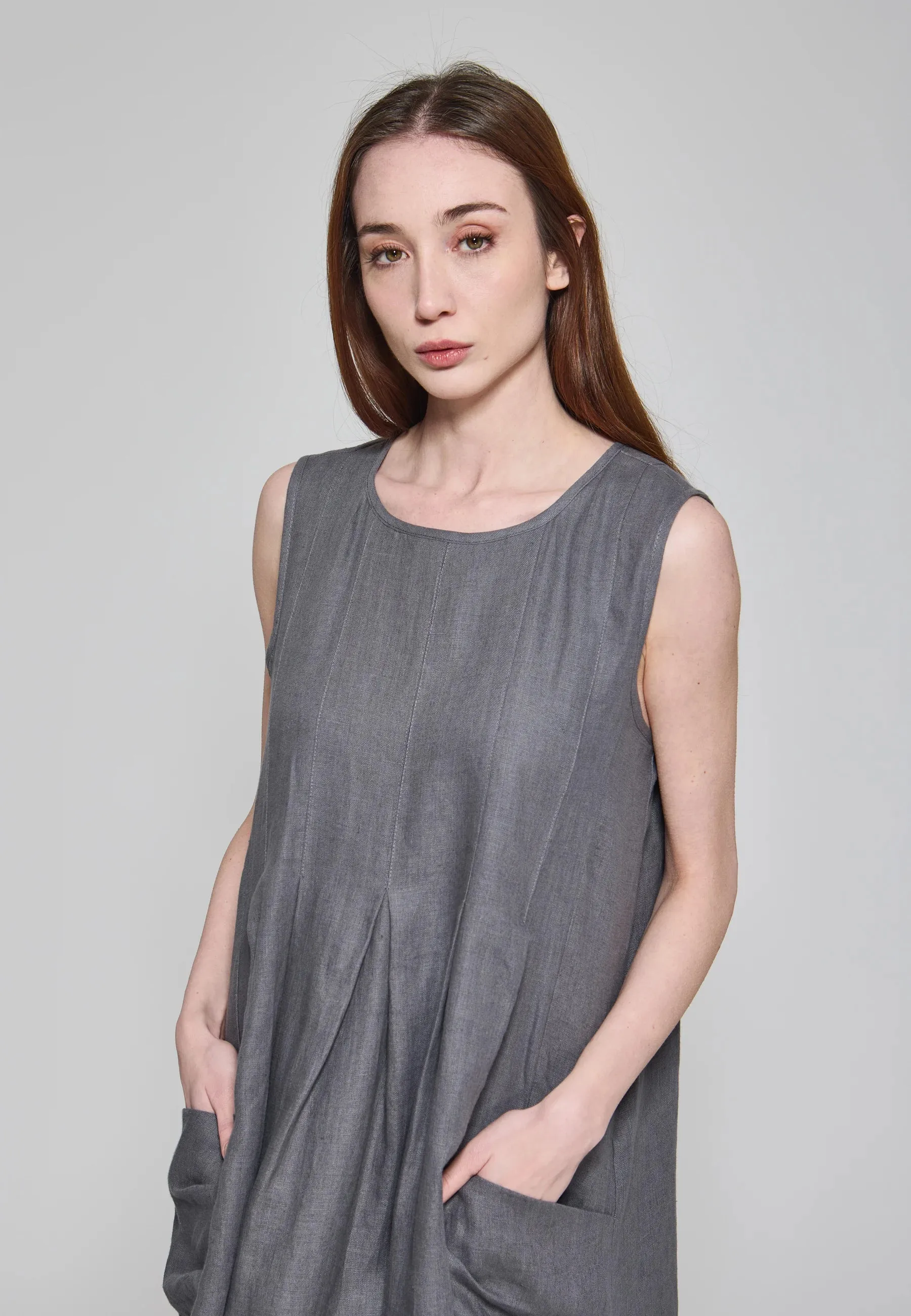 MIREA – Pleated Sleeveless Linen Dress