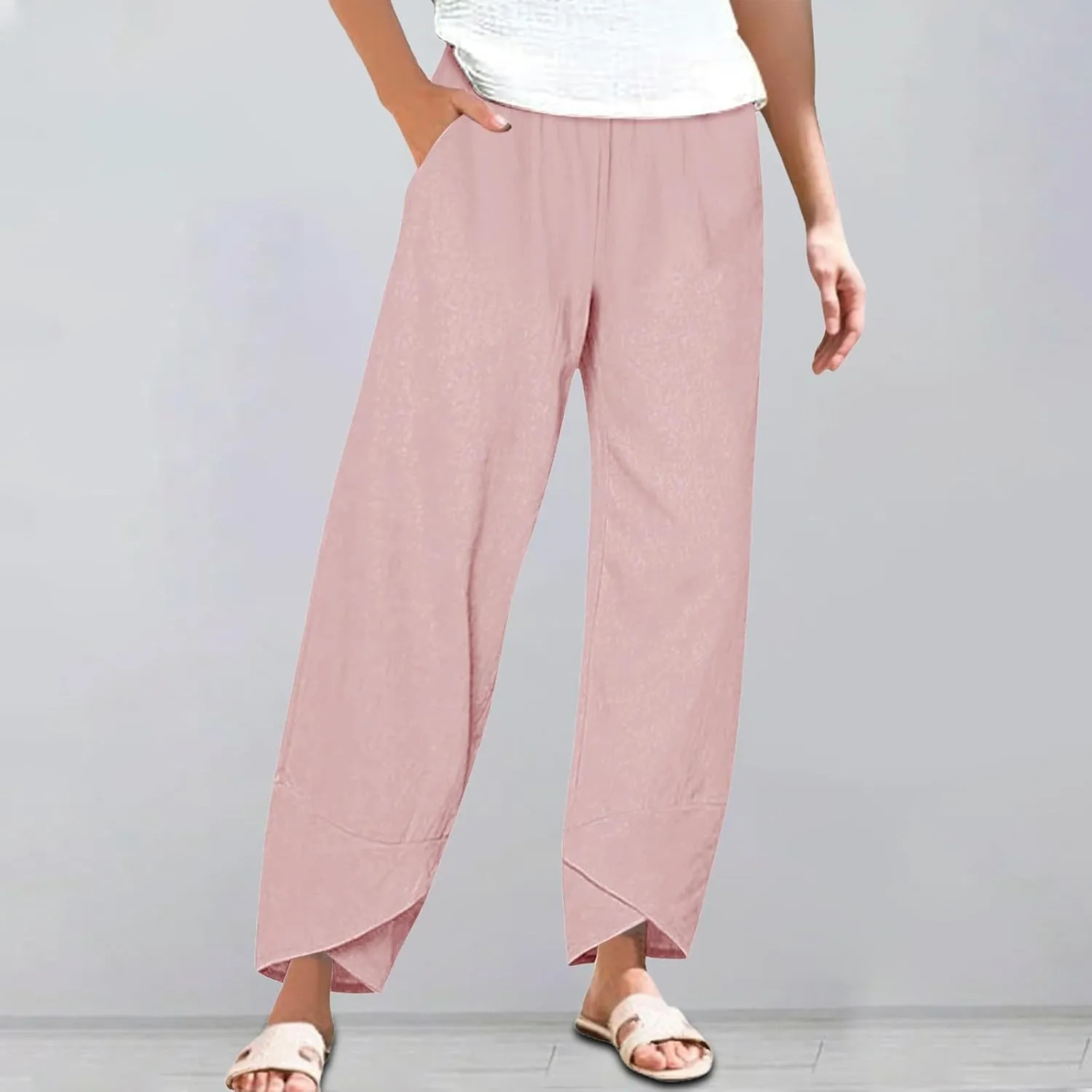 Miyaomn Linen Pants for Women Casual Summer Elastic Waist Capri Pants Solid Color Loose Wide Leg Cropped Trousers with Pocket