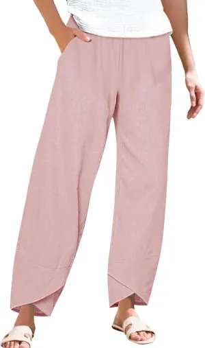 Miyaomn Linen Pants for Women Casual Summer Elastic Waist Capri Pants Solid Color Loose Wide Leg Cropped Trousers with Pocket
