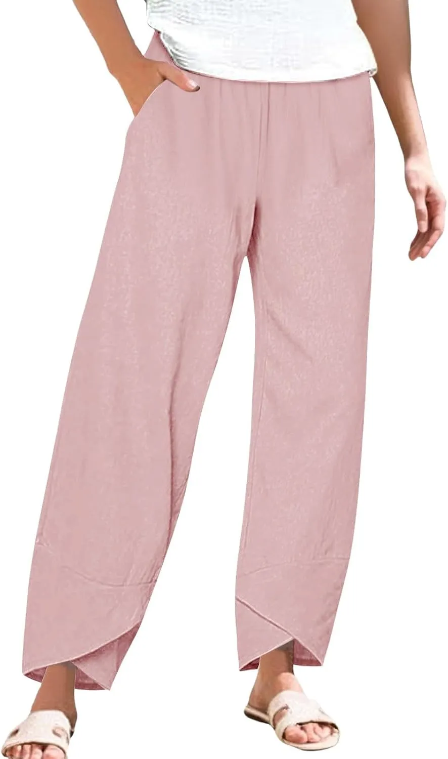 Miyaomn Linen Pants for Women Casual Summer Elastic Waist Capri Pants Solid Color Loose Wide Leg Cropped Trousers with Pocket