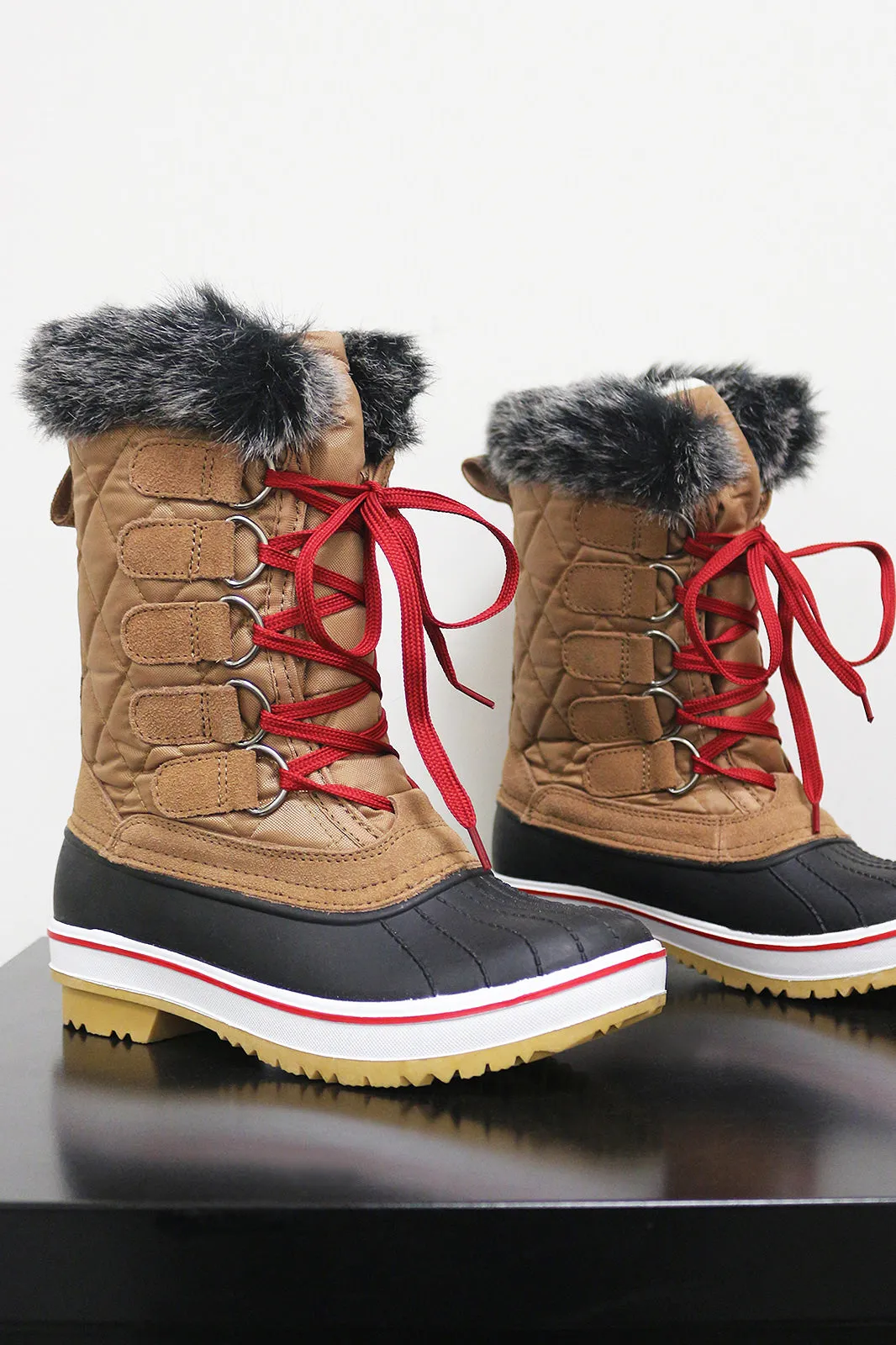 Quilted Puffy Nylon Lace Up Mid Calf Duck Boots