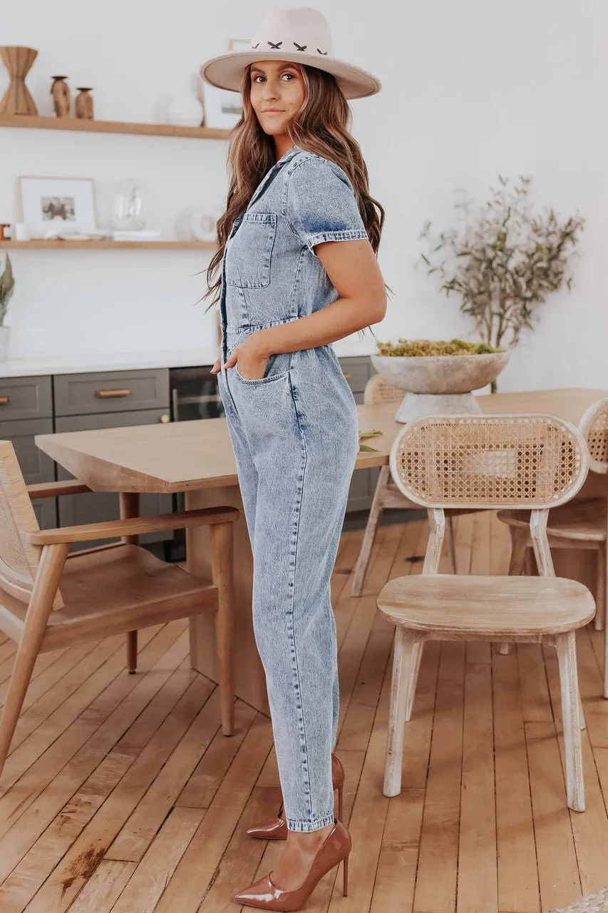 Short Sleeve Medium Wash Jean Jumpsuit