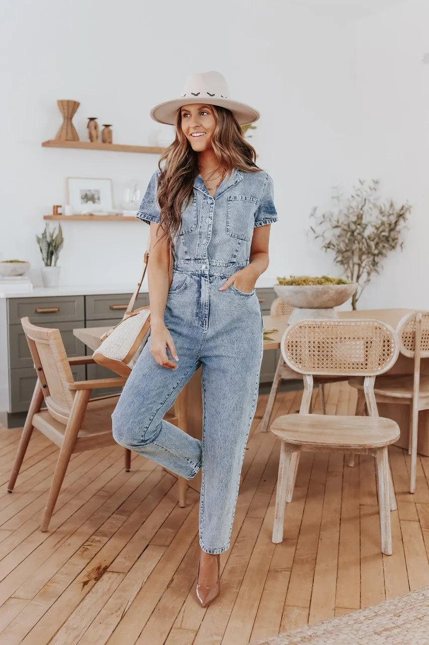 Short Sleeve Medium Wash Jean Jumpsuit