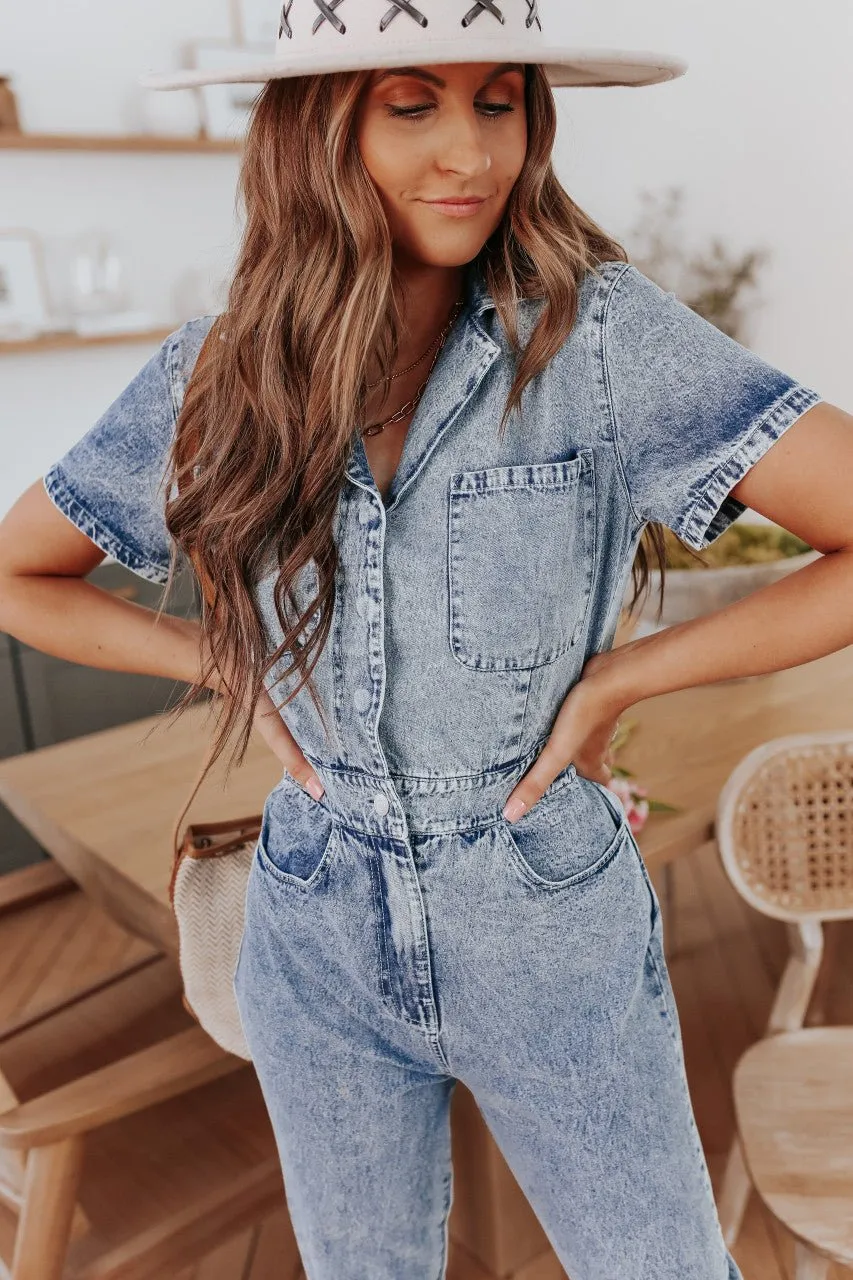 Short Sleeve Medium Wash Jean Jumpsuit