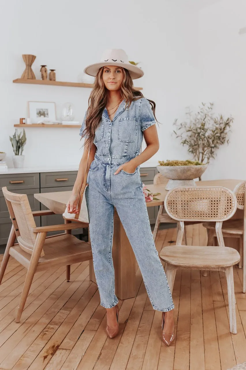 Short Sleeve Medium Wash Jean Jumpsuit