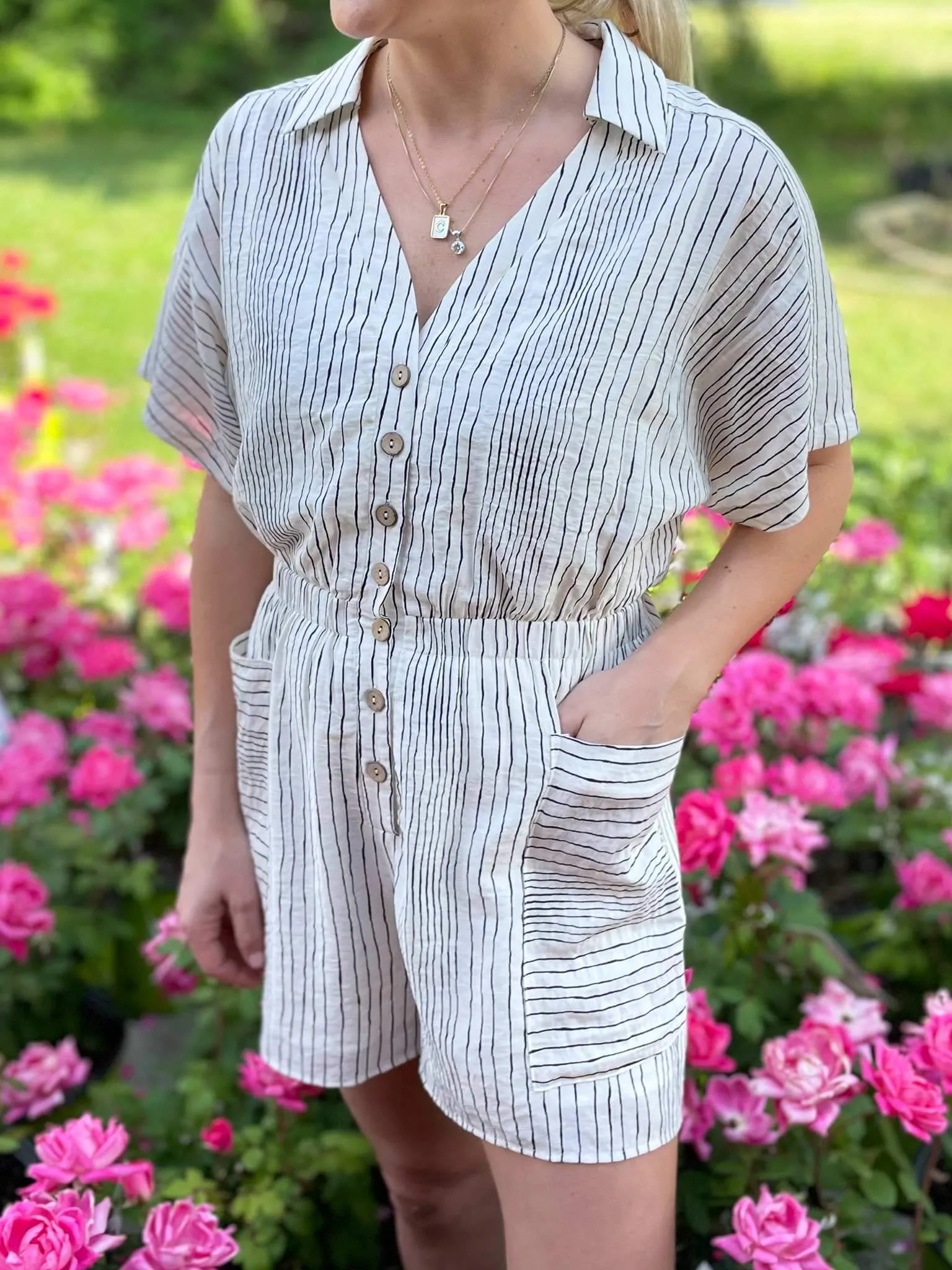 Stripe Wood Button Romper