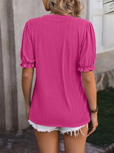 Voguish Textured Notched Flounce Sleeve Blouse