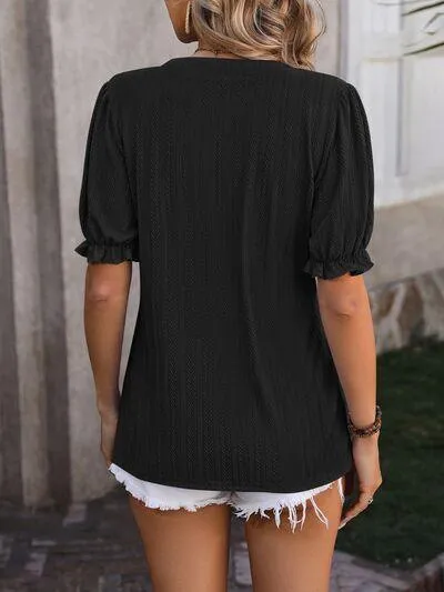 Voguish Textured Notched Flounce Sleeve Blouse