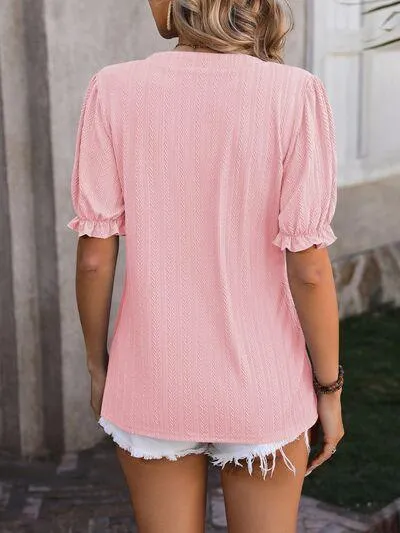 Voguish Textured Notched Flounce Sleeve Blouse