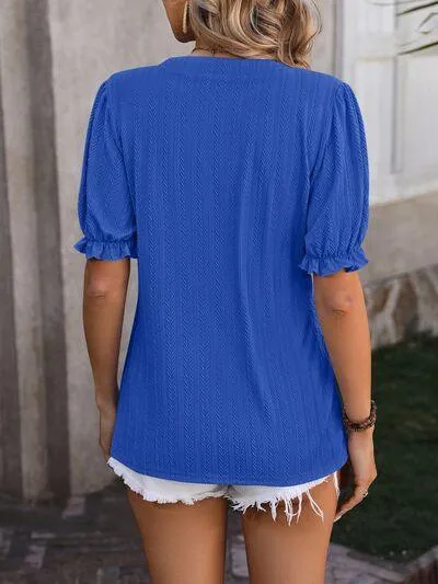 Voguish Textured Notched Flounce Sleeve Blouse