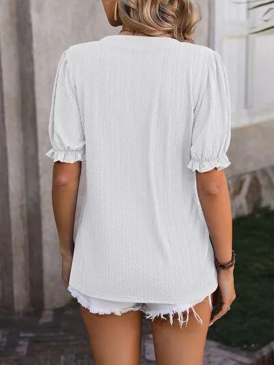 Voguish Textured Notched Flounce Sleeve Blouse