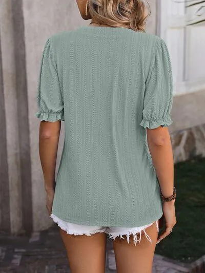 Voguish Textured Notched Flounce Sleeve Blouse