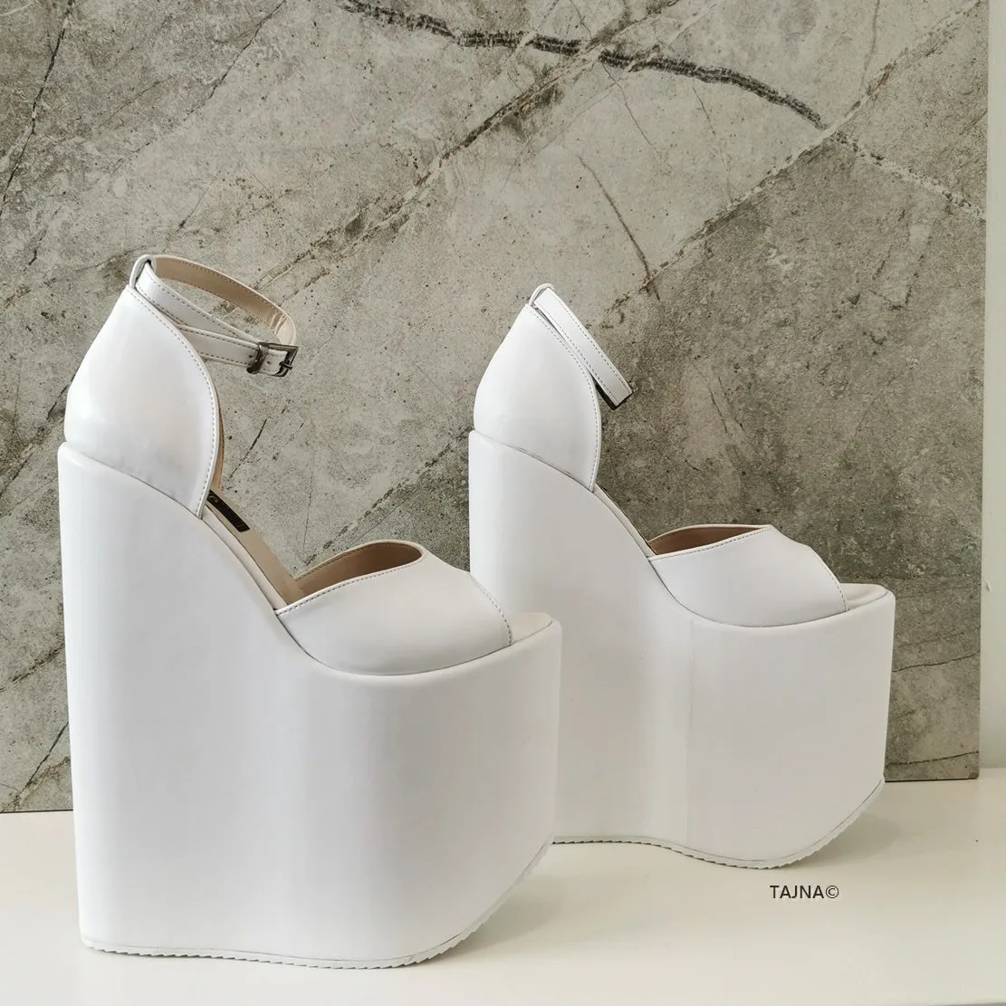 White Ankle Strap Platform Bride Wedges