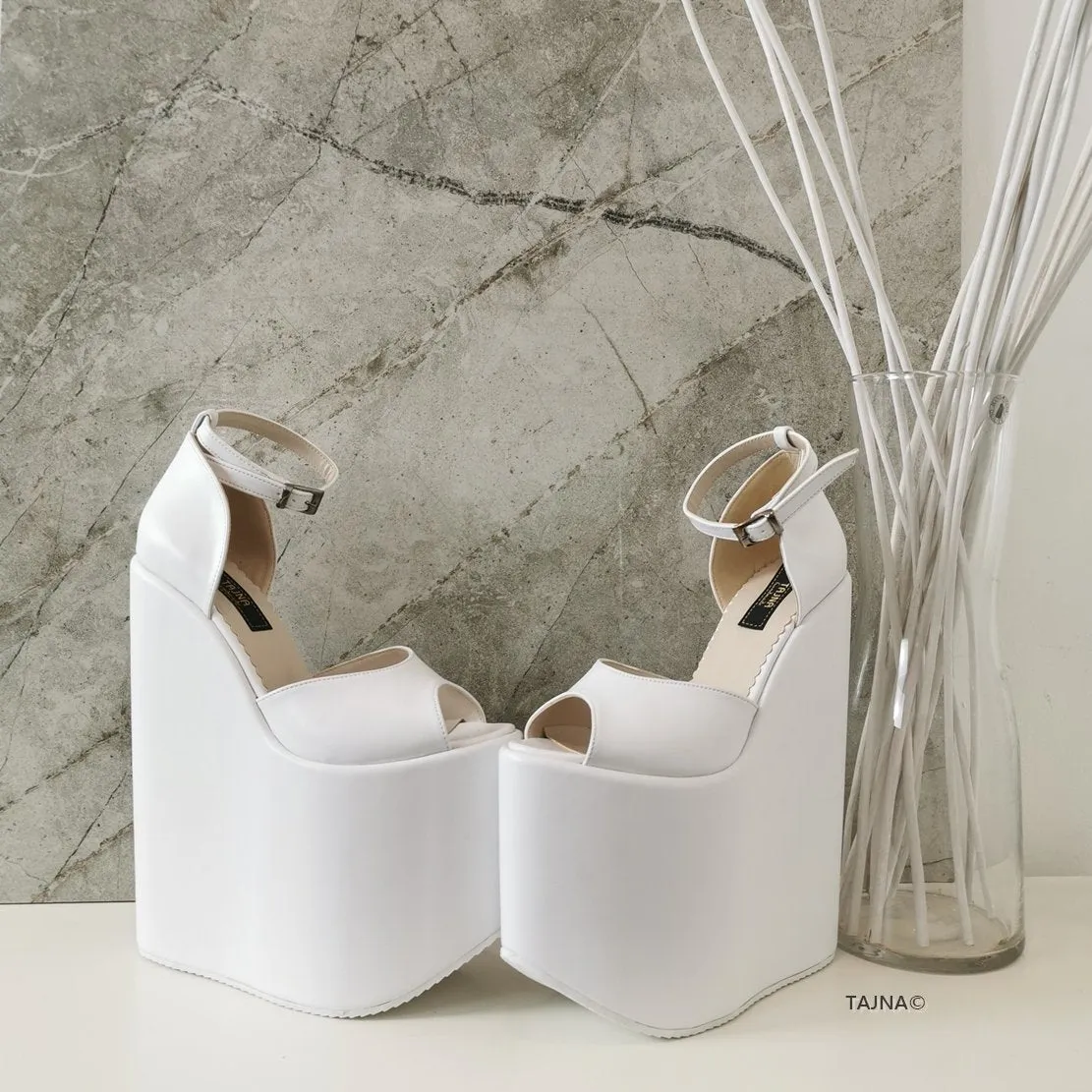 White Ankle Strap Platform Bride Wedges