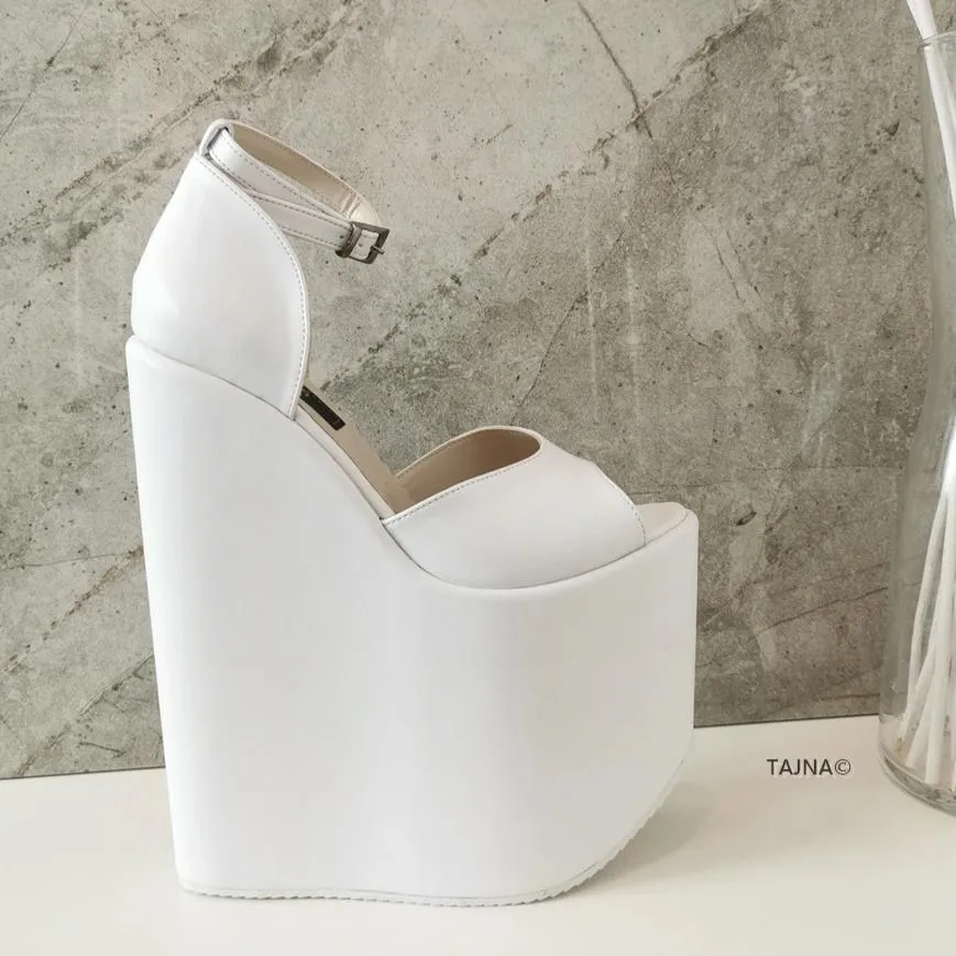 White Ankle Strap Platform Bride Wedges
