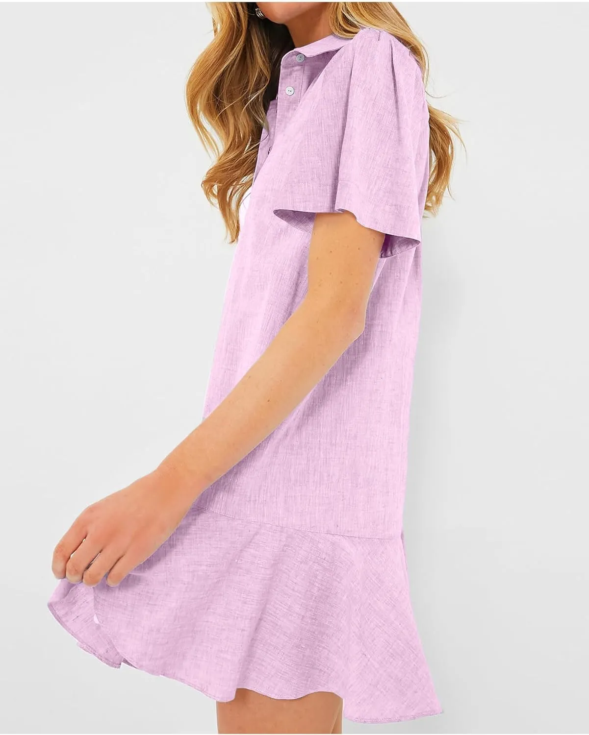 Women's Button Down Shirt Dress Summer Casual Short Sleeve Cotton Linen Ruffle Shift Mini Dresses