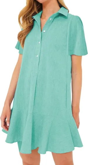 Women's Button Down Shirt Dress Summer Casual Short Sleeve Cotton Linen Ruffle Shift Mini Dresses