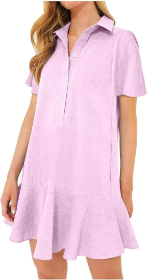 Women's Button Down Shirt Dress Summer Casual Short Sleeve Cotton Linen Ruffle Shift Mini Dresses
