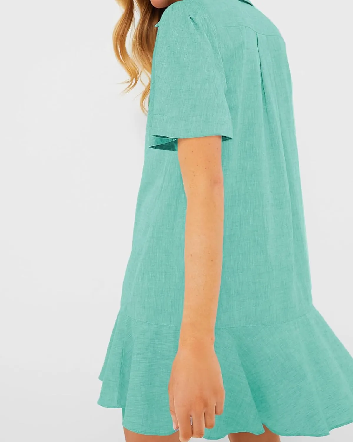 Women's Button Down Shirt Dress Summer Casual Short Sleeve Cotton Linen Ruffle Shift Mini Dresses