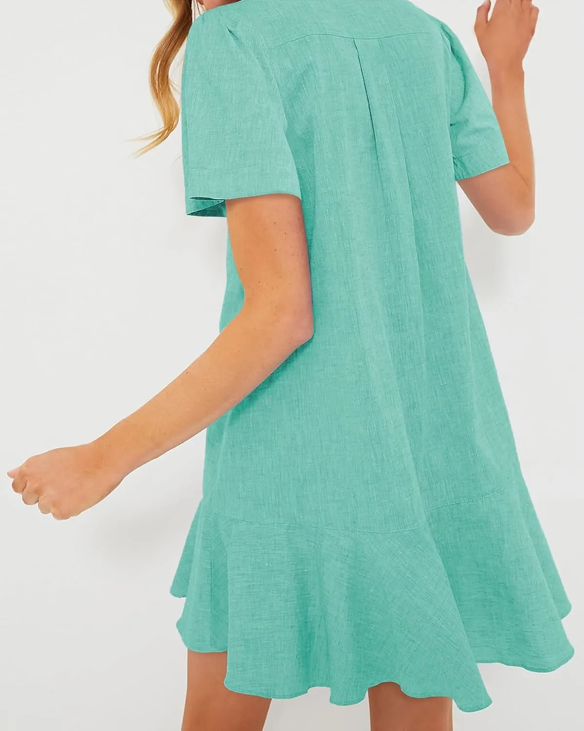 Women's Button Down Shirt Dress Summer Casual Short Sleeve Cotton Linen Ruffle Shift Mini Dresses