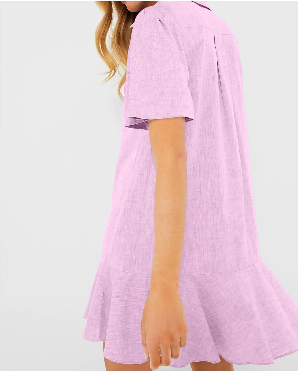 Women's Button Down Shirt Dress Summer Casual Short Sleeve Cotton Linen Ruffle Shift Mini Dresses