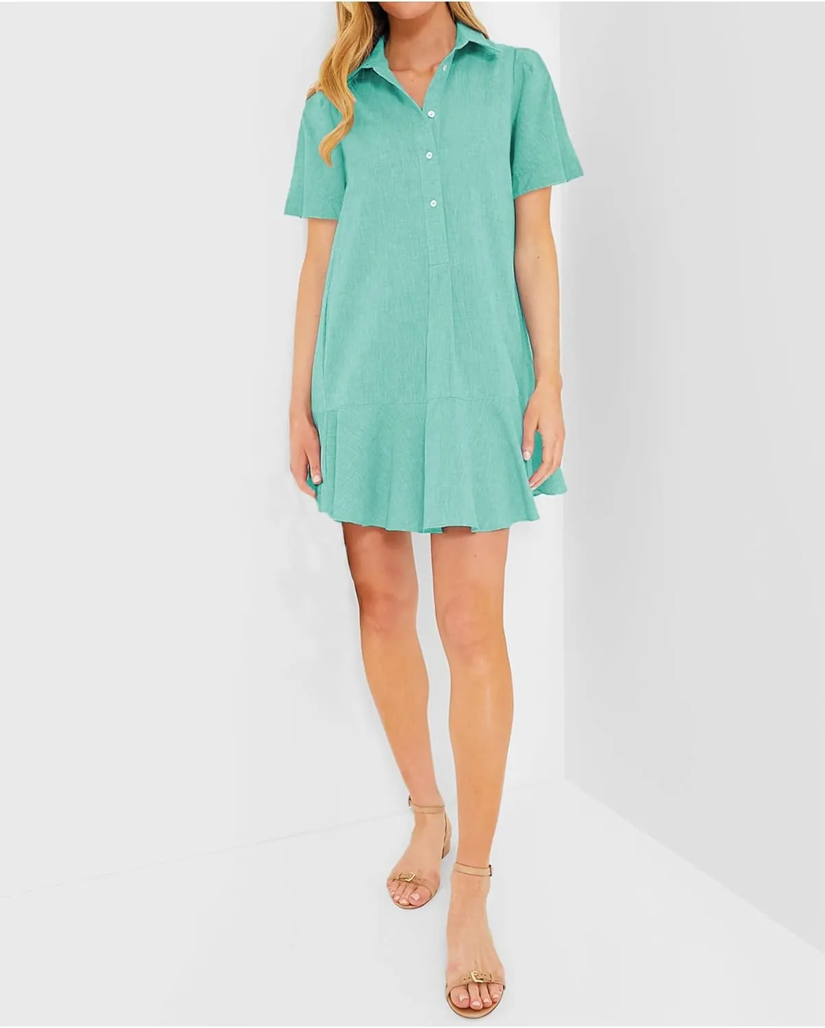 Women's Button Down Shirt Dress Summer Casual Short Sleeve Cotton Linen Ruffle Shift Mini Dresses
