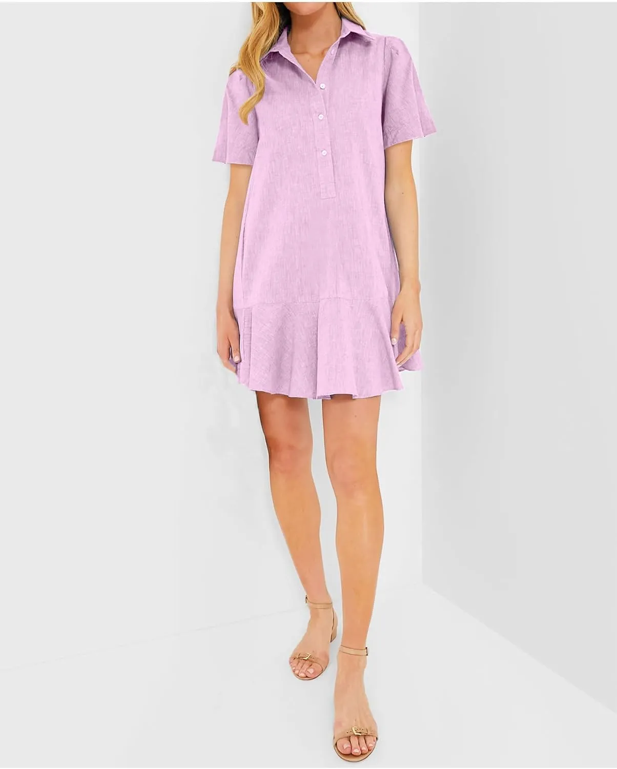 Women's Button Down Shirt Dress Summer Casual Short Sleeve Cotton Linen Ruffle Shift Mini Dresses