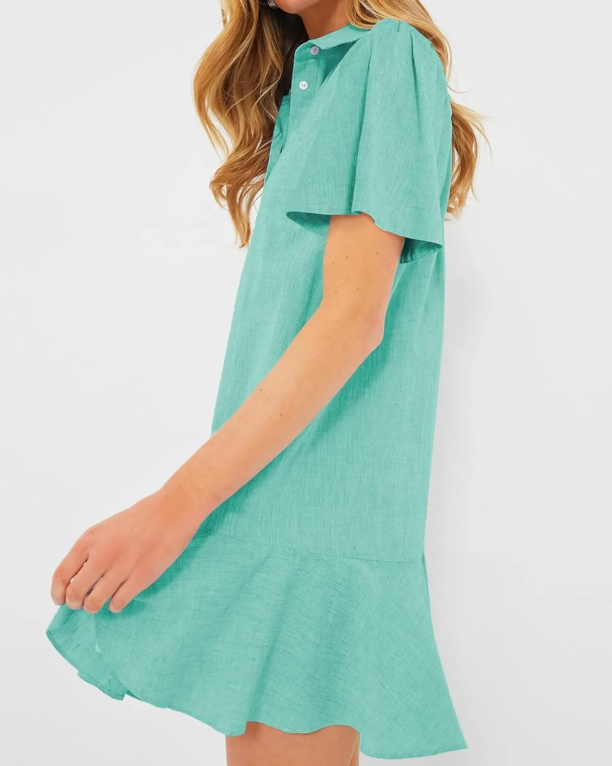 Women's Button Down Shirt Dress Summer Casual Short Sleeve Cotton Linen Ruffle Shift Mini Dresses