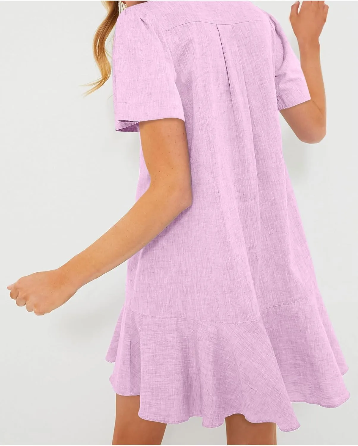 Women's Button Down Shirt Dress Summer Casual Short Sleeve Cotton Linen Ruffle Shift Mini Dresses